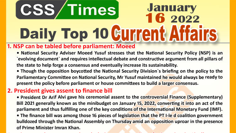 Daily Top-10 Current Affairs MCQs / News (January 16, 2022) for CSS, PMS