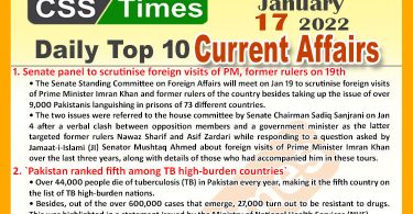 Daily Top-10 Current Affairs MCQs / News (January 17, 2022) for CSS, PMS