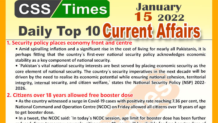 Daily Top-10 Current Affairs MCQs / News (January 15, 2022) for CSS, PMS
