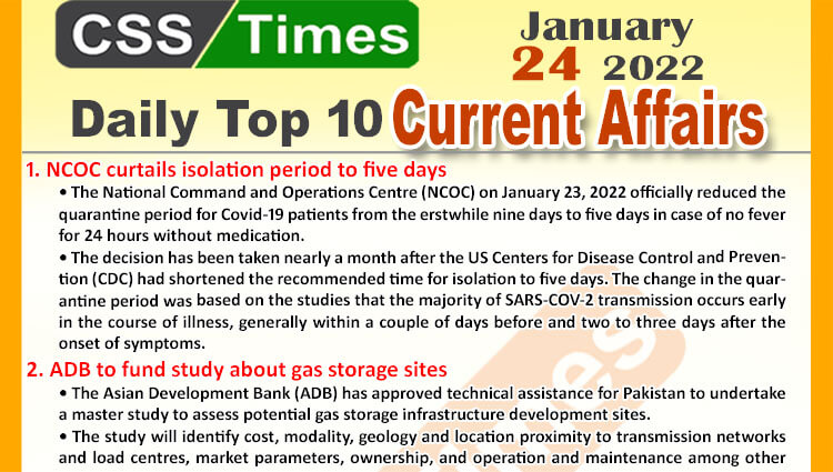 Daily Top-10 Current Affairs MCQs / News (January 24, 2022) for CSS, PMS