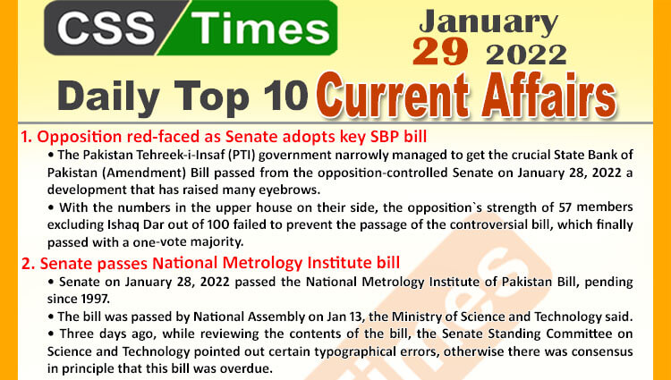 Daily Top-10 Current Affairs MCQs / News (January 29, 2022) for CSS, PMS