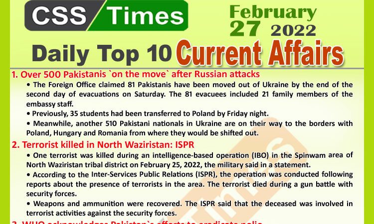 Daily Top-10 Current Affairs MCQs / News (February 27, 2022) for CSS, PMS