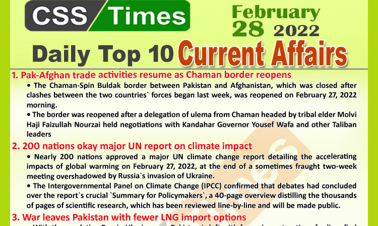 Daily Top-10 Current Affairs MCQs / News (February 28, 2022) for CSS, PMS