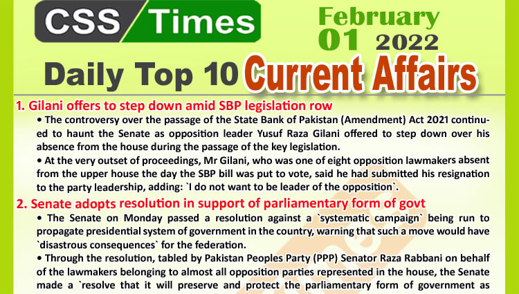 Daily Top-10 Current Affairs MCQs / News (February 01, 2022) for CSS, PMS