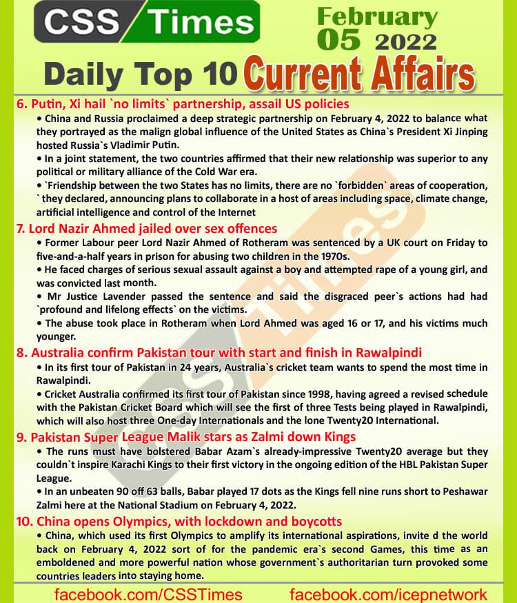 Daily Top-10 Current Affairs MCQs / News (February 05, 2022) for CSS, PMS