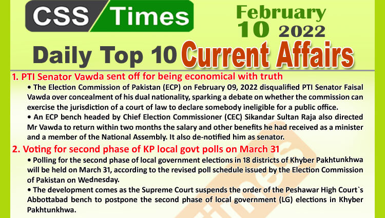 Daily Top-10 Current Affairs MCQs / News (February 10, 2022) for CSS, PMS