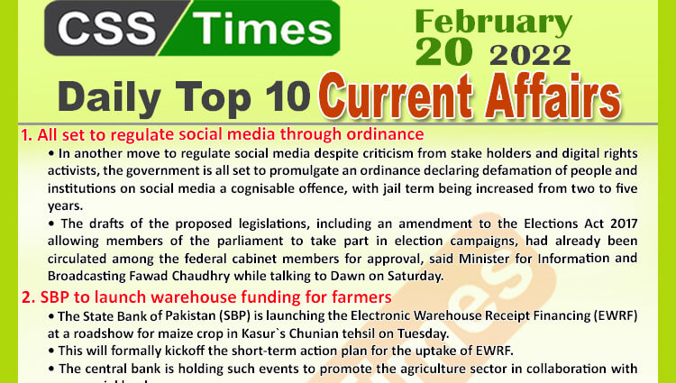 Daily Top-10 Current Affairs MCQs / News (February 20, 2022) for CSS, PMS
