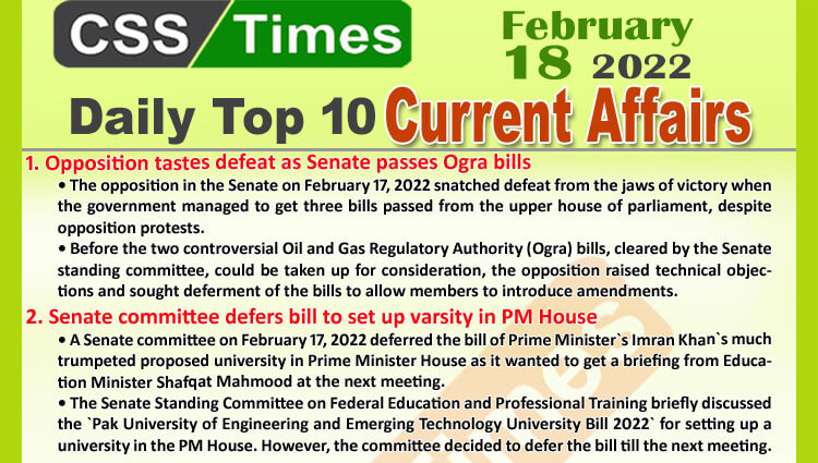 Daily Top-10 Current Affairs MCQs / News (February 18, 2022) for CSS, PMS