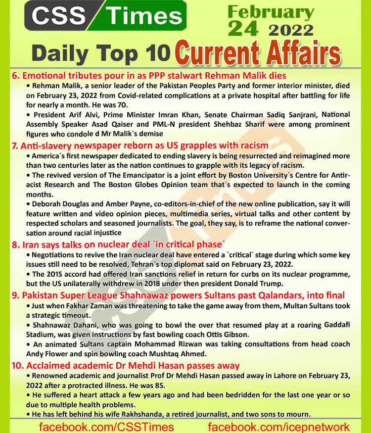 Daily Top-10 Current Affairs MCQs / News (February 24, 2022) for CSS, PMS