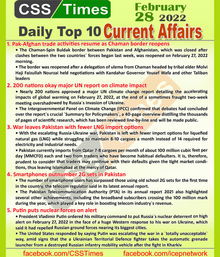 Daily Top-10 Current Affairs MCQs / News (February 28, 2022) for CSS, PMS