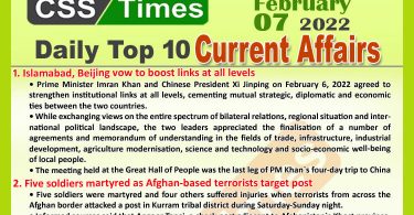 Daily Top-10 Current Affairs MCQs / News (February 07, 2022) for CSS, PMS