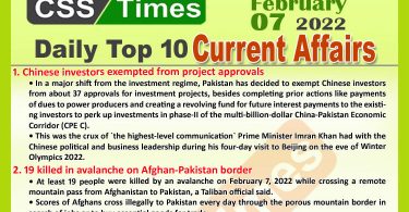 Daily Top-10 Current Affairs MCQs / News (February 08, 2022) for CSS, PMS
