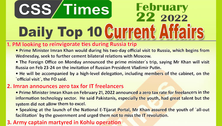 Daily Top-10 Current Affairs MCQs / News (February 22, 2022) for CSS, PMS
