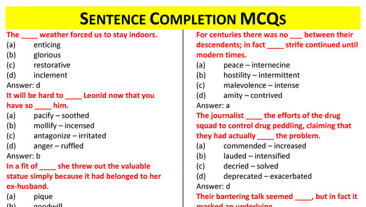 Sentence Completion MCQs (Set-II)