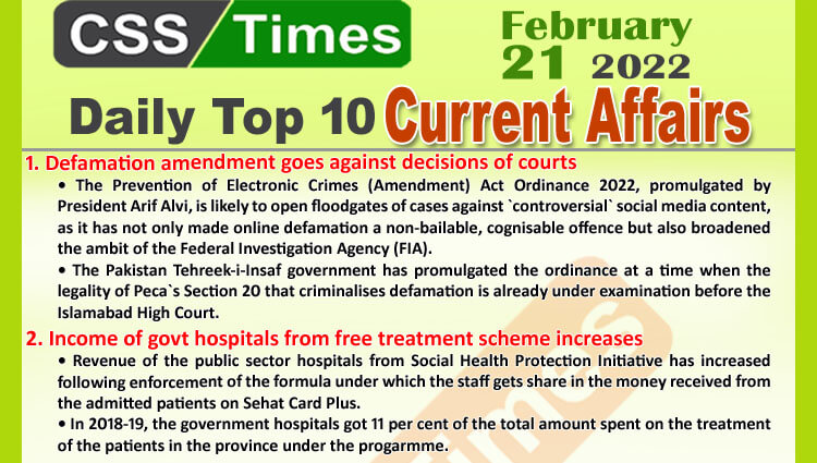 Daily Top-10 Current Affairs MCQs / News (February 21, 2022) for CSS, PMS