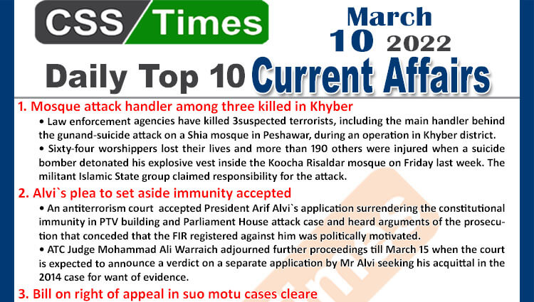 Daily Top-10 Current Affairs MCQs / News (March 10, 2022) for CSS, PMS