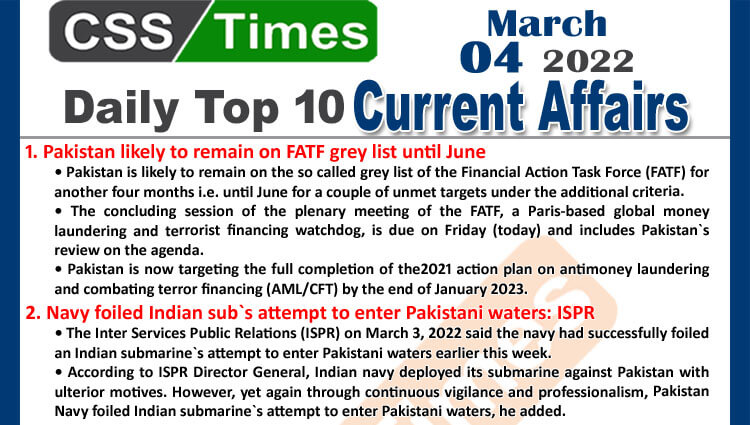 Daily Top-10 Current Affairs MCQs / News (March 04, 2022) for CSS, PMS