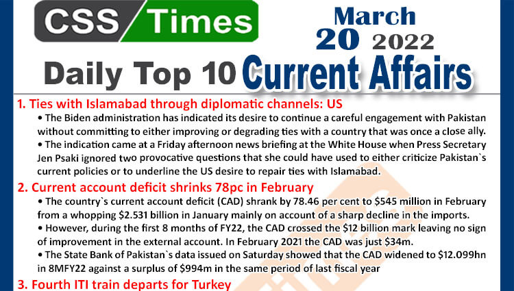 Daily Top-10 Current Affairs MCQs / News (March 20, 2022) for CSS, PMS