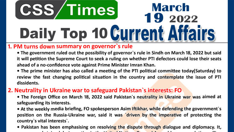 Daily Top-10 Current Affairs MCQs / News (March 19, 2022) for CSS, PMS