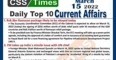 Daily Top-10 Current Affairs MCQs / News (March 15, 2022) for CSS, PMS