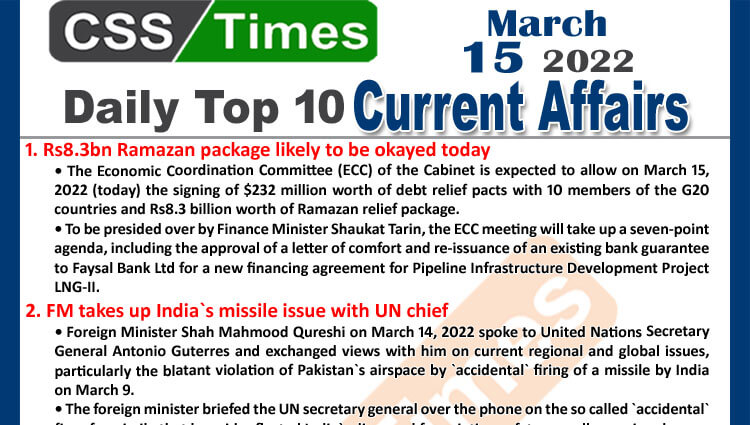 Daily Top-10 Current Affairs MCQs / News (March 15, 2022) for CSS, PMS