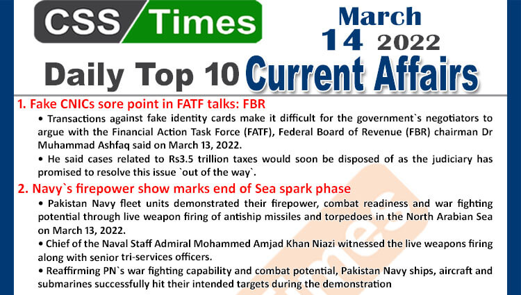 Daily Top-10 Current Affairs MCQs / News (March 14, 2022) for CSS, PMS