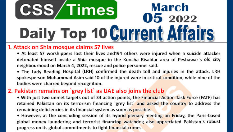 Daily Top-10 Current Affairs MCQs / News (March 05, 2022) for CSS, PMS