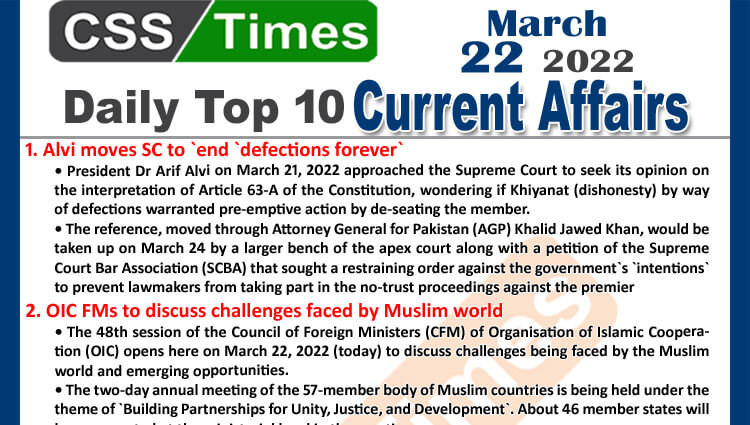 Daily Top-10 Current Affairs MCQs / News (March 22, 2022) for CSS, PMS