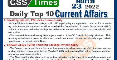 Daily Top-10 Current Affairs MCQs / News (March 23, 2022) for CSS, PMS