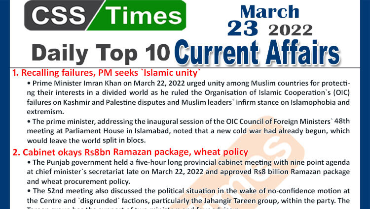 Daily Top-10 Current Affairs MCQs / News (March 23, 2022) for CSS, PMS