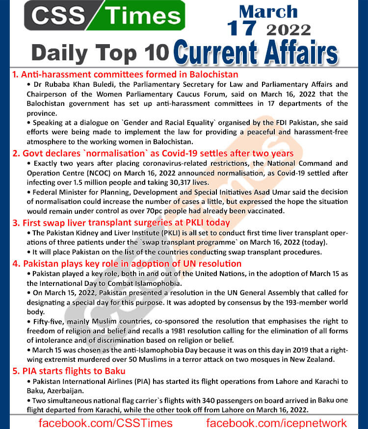 Daily Top-10 Current Affairs MCQs / News (March 17, 2022) for CSS, PMS