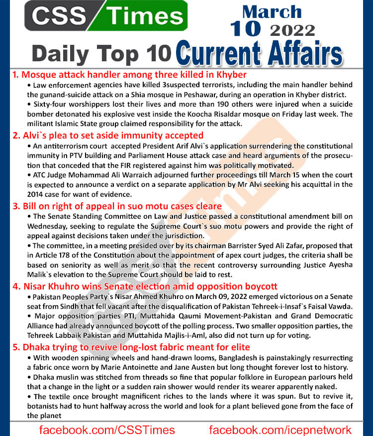 Daily Top-10 Current Affairs MCQs / News (March 10, 2022) for CSS, PMS
