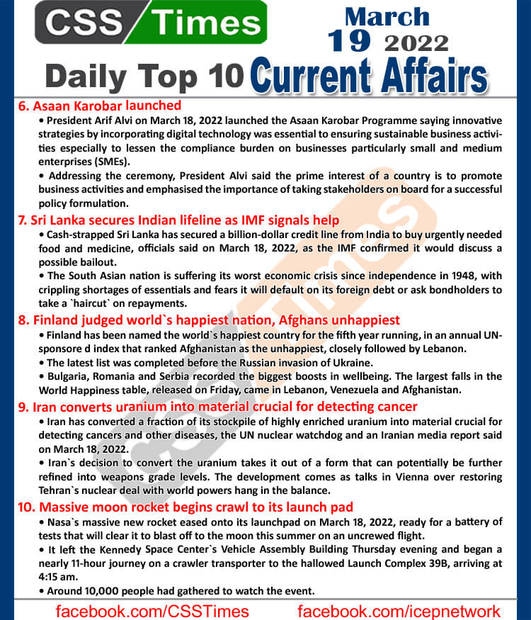 Daily Top-10 Current Affairs MCQs / News (March 19, 2022) for CSS, PMS