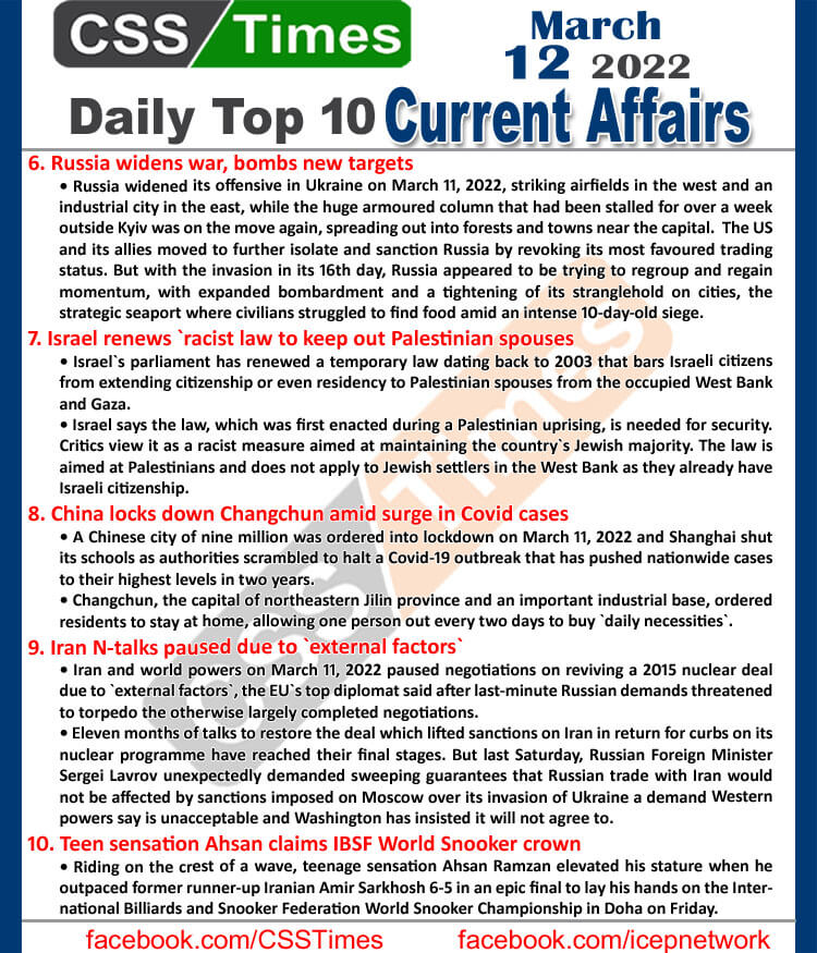 Daily Top-10 Current Affairs MCQs / News (March 12, 2022) for CSS, PMS