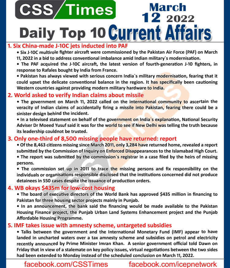 Daily Top-10 Current Affairs MCQs / News (March 12, 2022) for CSS, PMS