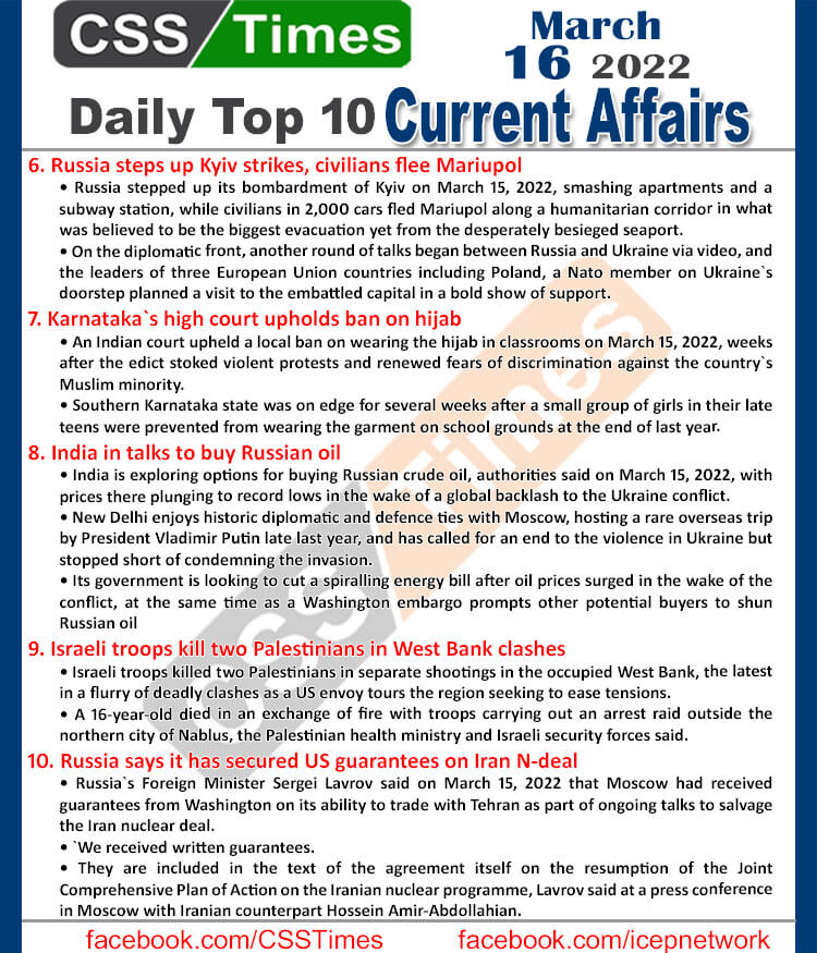 Daily Top-10 Current Affairs MCQs / News (March 16, 2022) for CSS, PMS