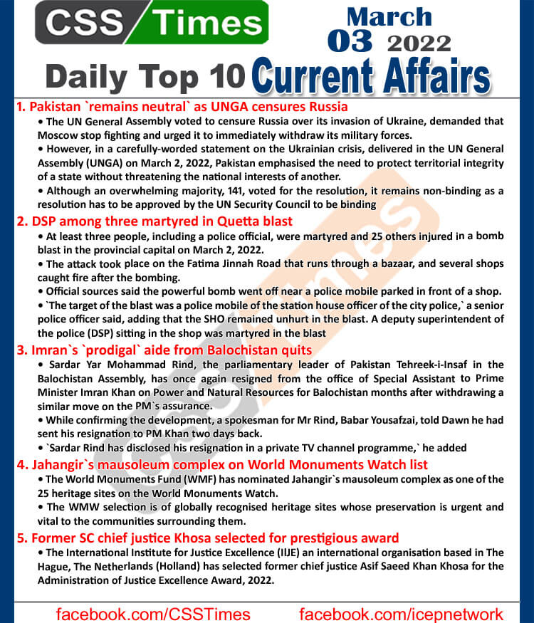 Daily Top-10 Current Affairs MCQs / News (March 03, 2022) for CSS, PMS