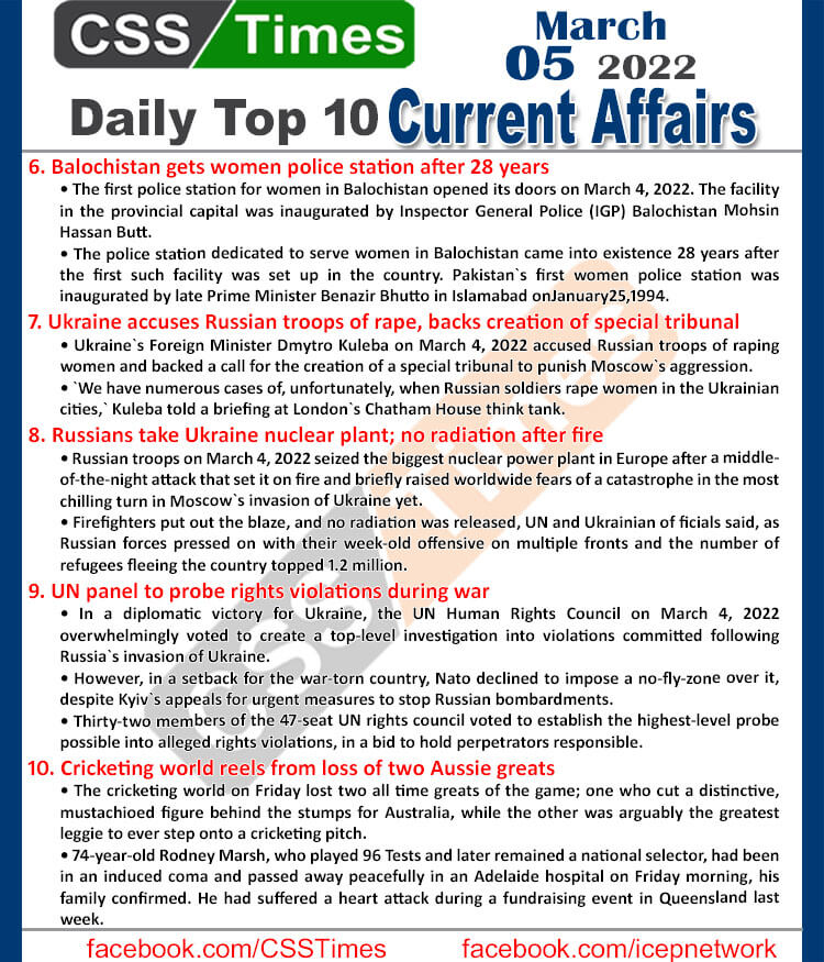 Daily Top-10 Current Affairs MCQs / News (March 05, 2022) for CSS, PMS