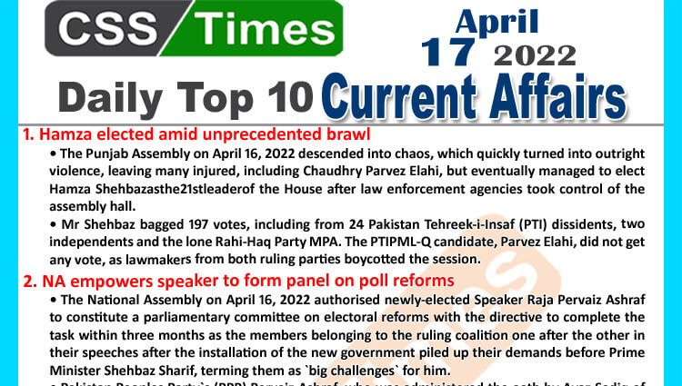 Daily Top-10 Current Affairs MCQs / News (April 17, 2022) for CSS, PMS