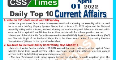 Daily Top-10 Current Affairs MCQs / News (April 31, 2022) for CSS, PMS