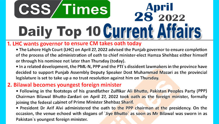 Daily Top-10 Current Affairs MCQs / News (April 28, 2022) for CSS, PMS