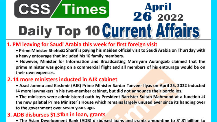 Daily Top-10 Current Affairs MCQs / News (April 26, 2022) for CSS, PMS