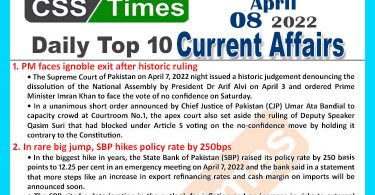 Daily Top-10 Current Affairs MCQs / News (April 08, 2022) for CSS, PMS