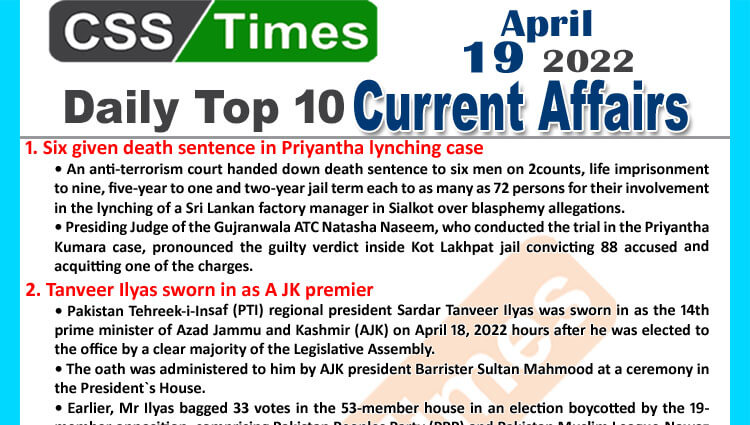 Daily Top-10 Current Affairs MCQs / News (April 19, 2022) for CSS, PMS