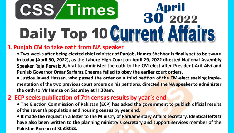 Daily Top-10 Current Affairs MCQs / News (April 30, 2022) for CSS, PMS