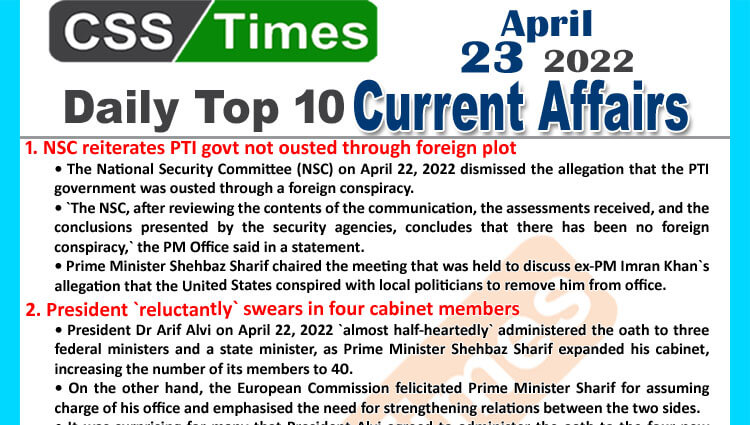 Daily Top-10 Current Affairs MCQs / News (April 23, 2022) for CSS, PMS