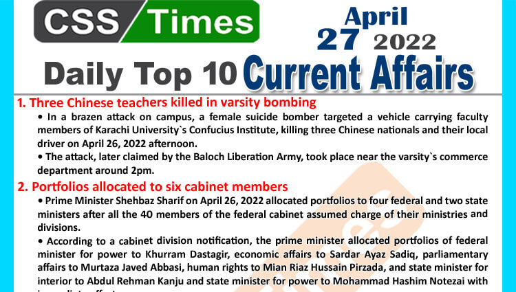 Daily Top-10 Current Affairs MCQs / News (April 27, 2022) for CSS, PMS