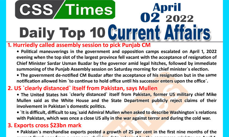 Daily Top-10 Current Affairs MCQs / News (April 02, 2022) for CSS, PMS