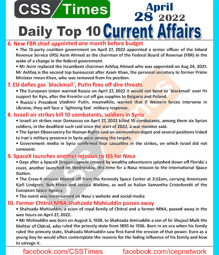 Daily Top-10 Current Affairs MCQs / News (April 28, 2022) for CSS, PMS