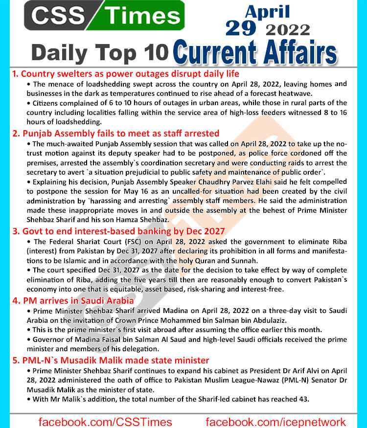 Daily Top-10 Current Affairs MCQs / News (April 29, 2022) for CSS, PMS